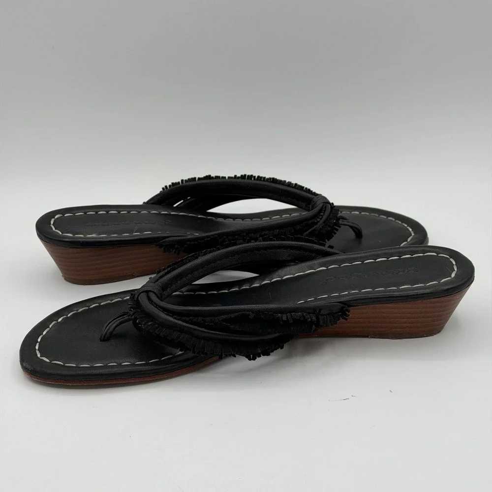 Bernardo Women Sandals 9M Wedge Thong Leather Boho Fringe Vero Cuoio Shoes
